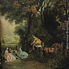 Jean-antoine Watteau Famous Paintings - A halt during the chase
